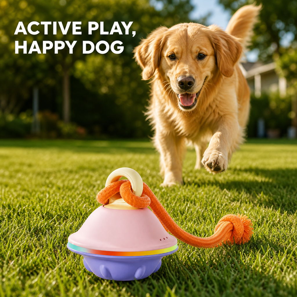 Dog outdoor play with interactive UFO toy