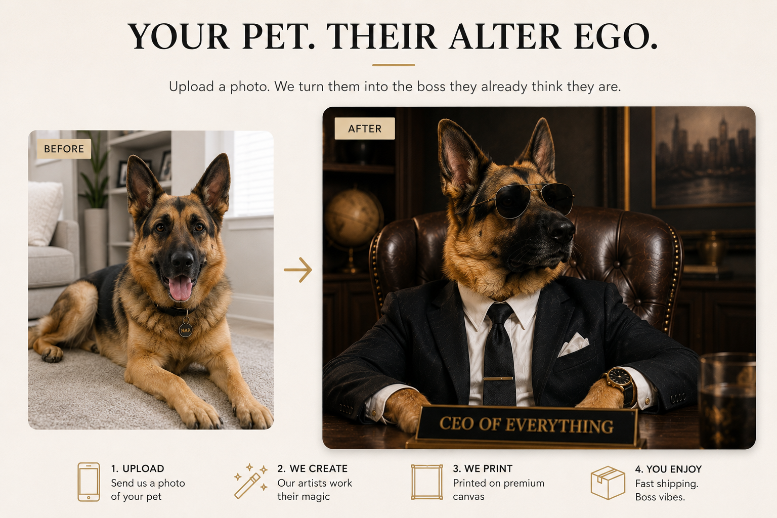 Custom Boss Pet Portrait Canvas – Personalized Pet Wall Art