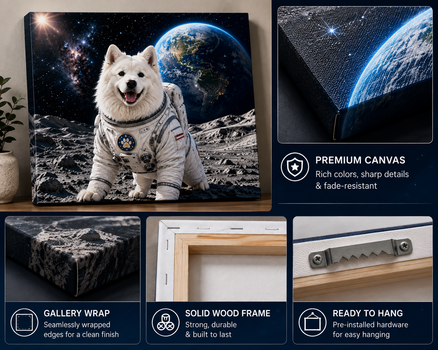 Custom Astronaut Pet Portrait Canvas – Personalized Space Pet Wall Art