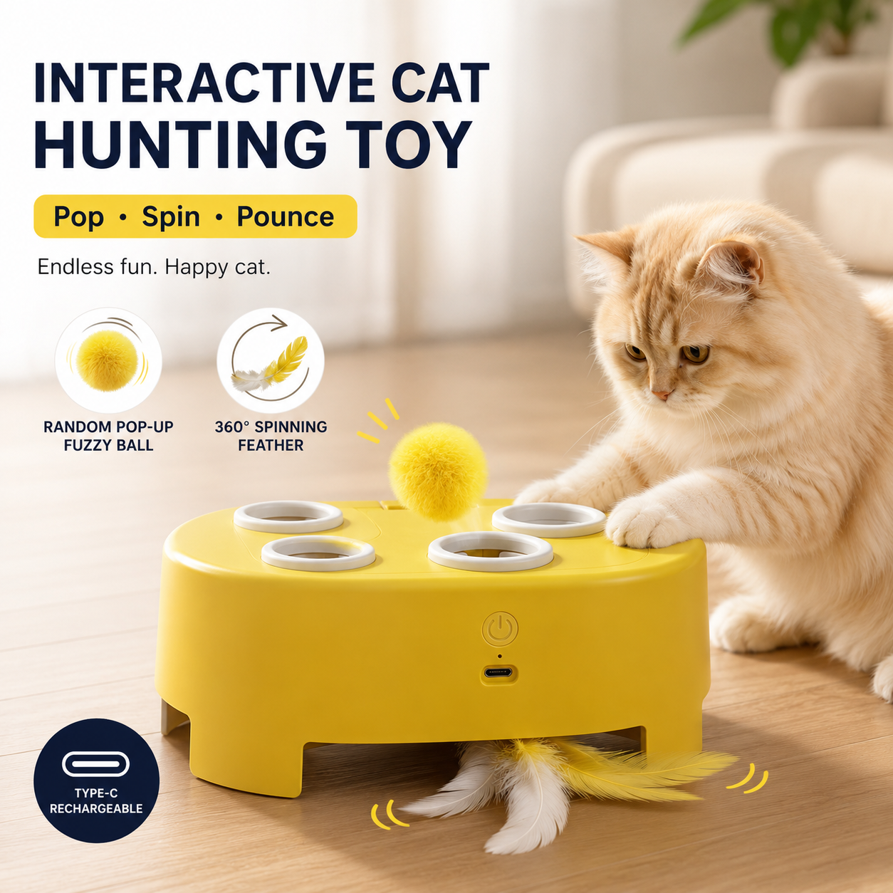 Whisker Hunt™ 2-in-1 Interactive Cat Toy – Pop-Up Ball & Spinning Feather