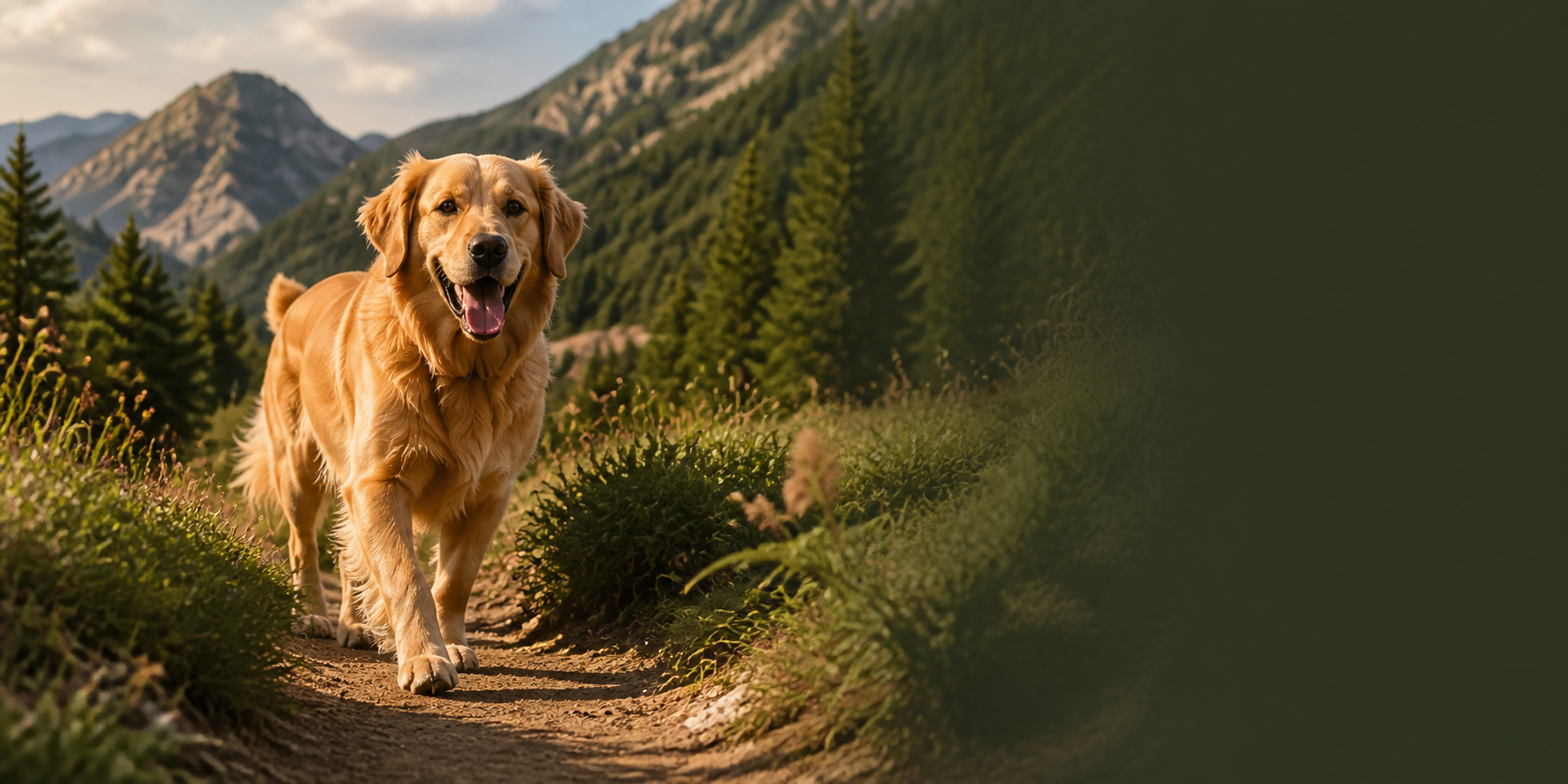 Golden retriever exploring a sunny mountain trail