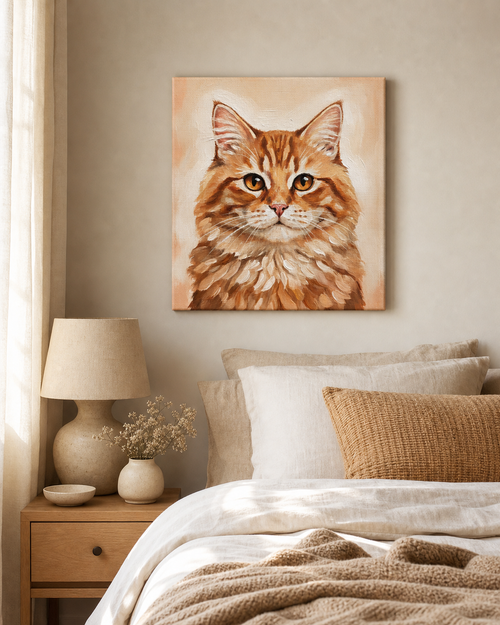 Cat memory portrait canvas displayed in a soft bedroom