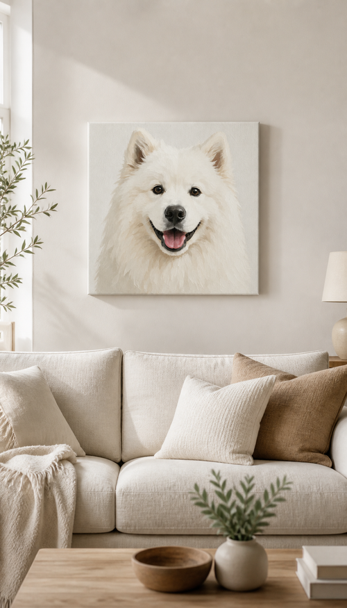 Classic dog portrait canvas displayed in a warm living room