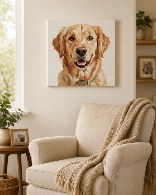 Dog memory portrait canvas displayed above a cozy reading chair