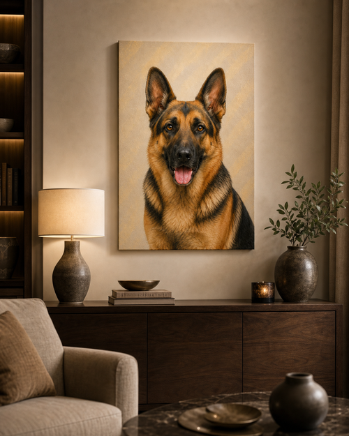 German Shepherd portrait canvas displayed in an elegant living room