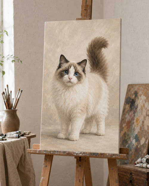 Hand painted style pet portrait canvas displayed on an artist easel