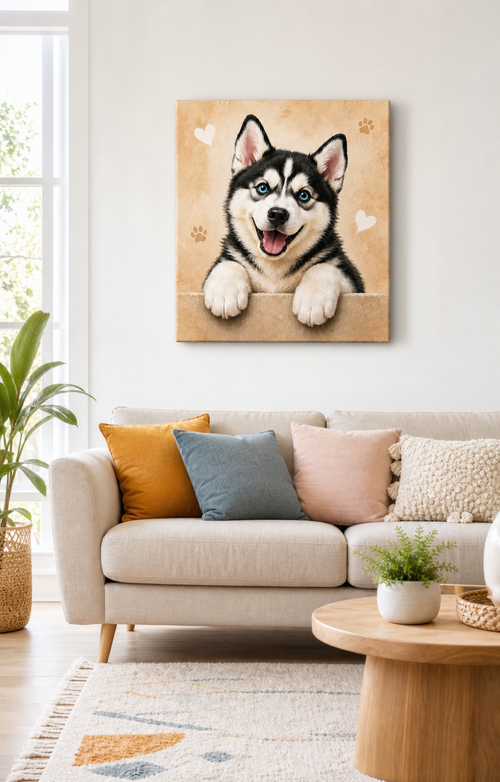 Husky portrait canvas displayed above a bright living room sofa