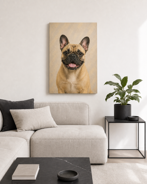 Modern pet portrait canvas displayed in a minimalist living room