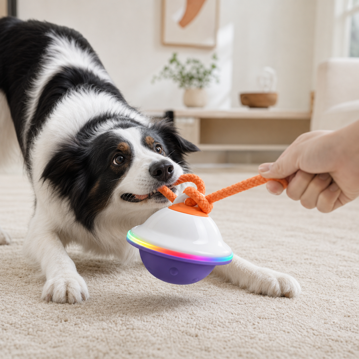 Dog playing tug with the new white and purple UFO toy