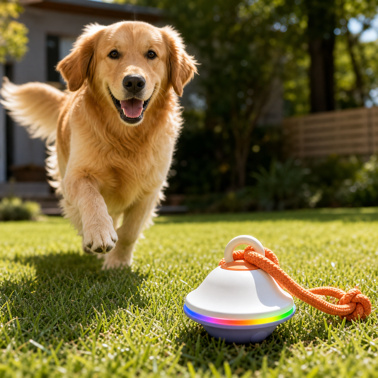 Dog fetch play with the new white and purple UFO toy